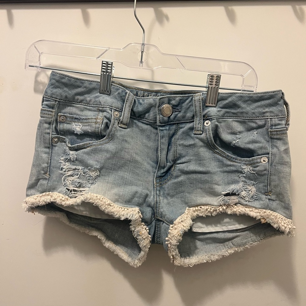 American Eagle Outfitters Blue Jean Shorts Distressed Frayed Hem